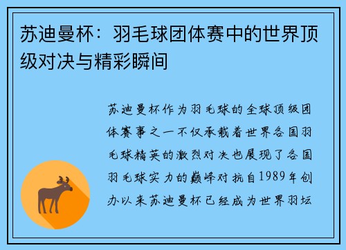 苏迪曼杯：羽毛球团体赛中的世界顶级对决与精彩瞬间