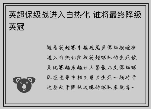 英超保级战进入白热化 谁将最终降级英冠